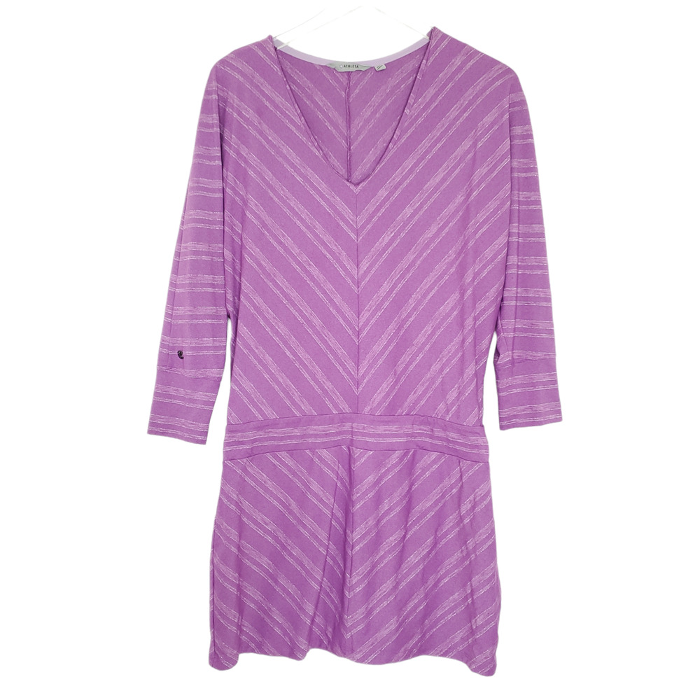 Athleta Sparklelust Stripe Dress S Purple Metallic Drop Waist Dolman